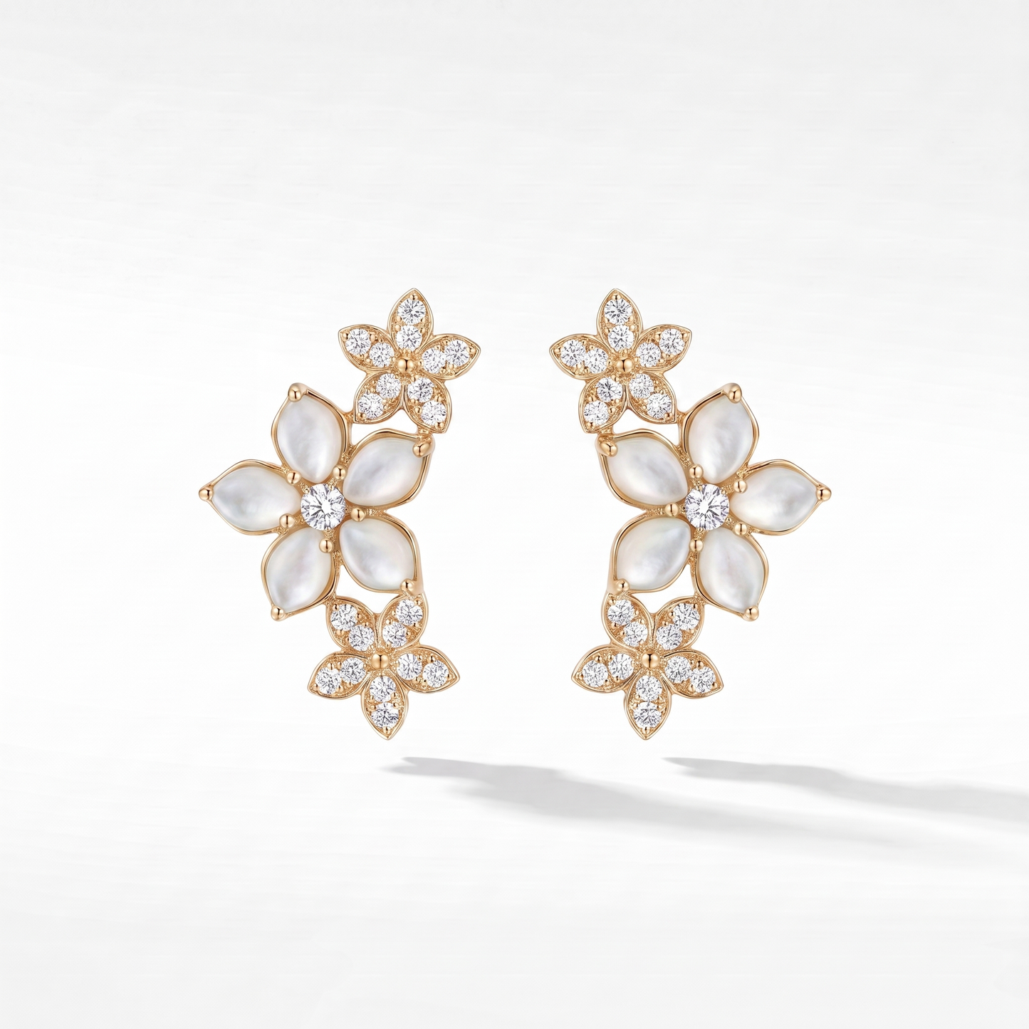 14K Gold White Mother of Pearl & Diamond Flower Earrings
