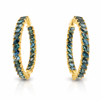 0.36CT Diamond 10.31CT Blue Sapphire HOOP 14k Yellow Gold  Earring