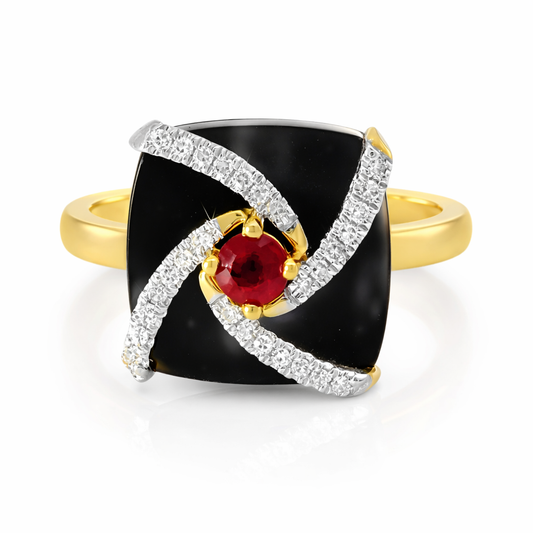 0.10CT Diamond and 0.16CT Pink Sapphire with Black Agate Ring 14K Yellow Gold