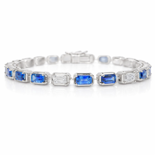 1.89CT Emerald Cut Lab Diamond 5.39CT Blue Sapphire 14K White Gold Bracelet