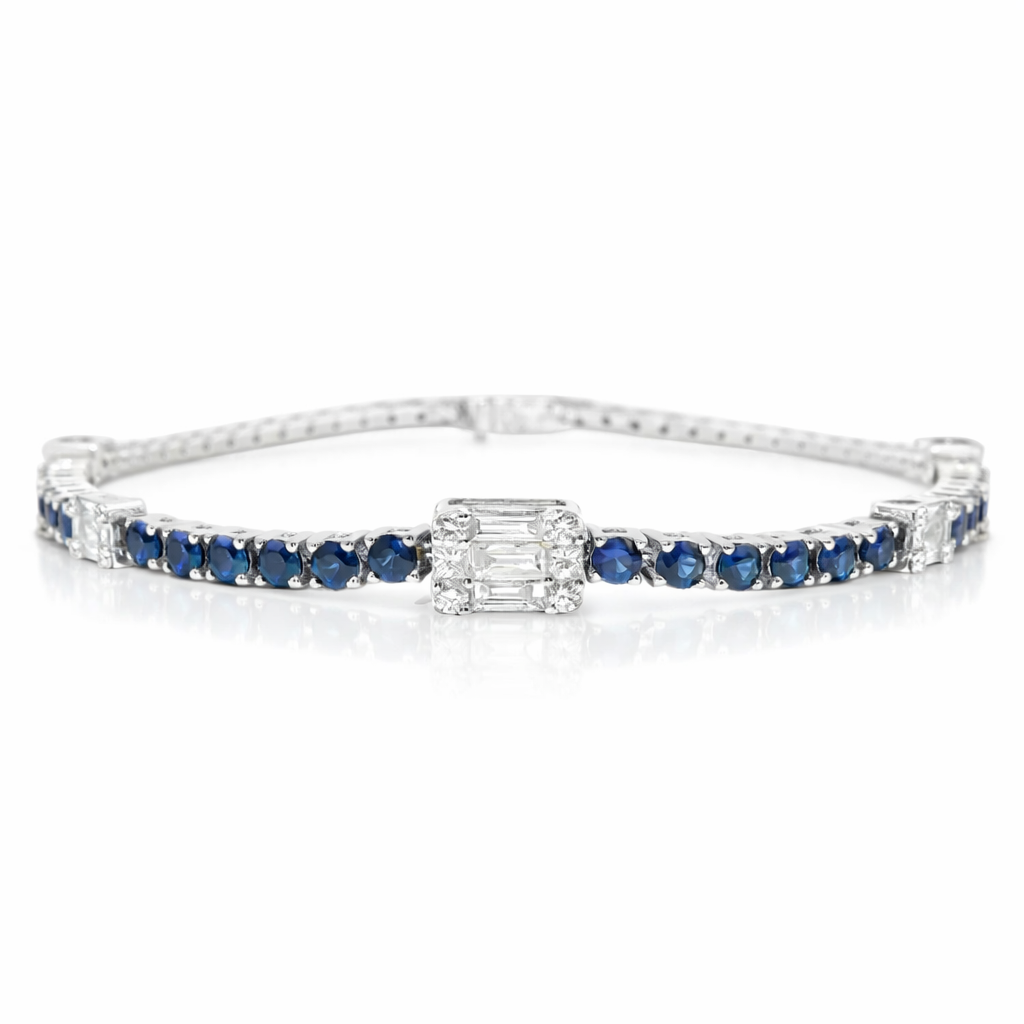 0.75CT Diamond 3.30CT Blue Sapphire Bracelet 18k White Gold