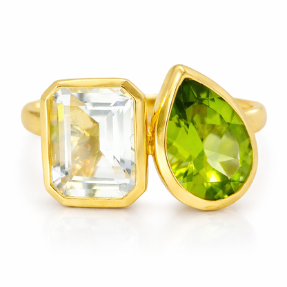 2.05CT White Topaz ands 1.39CT Green Peridot Ring 14K Yellow Gold