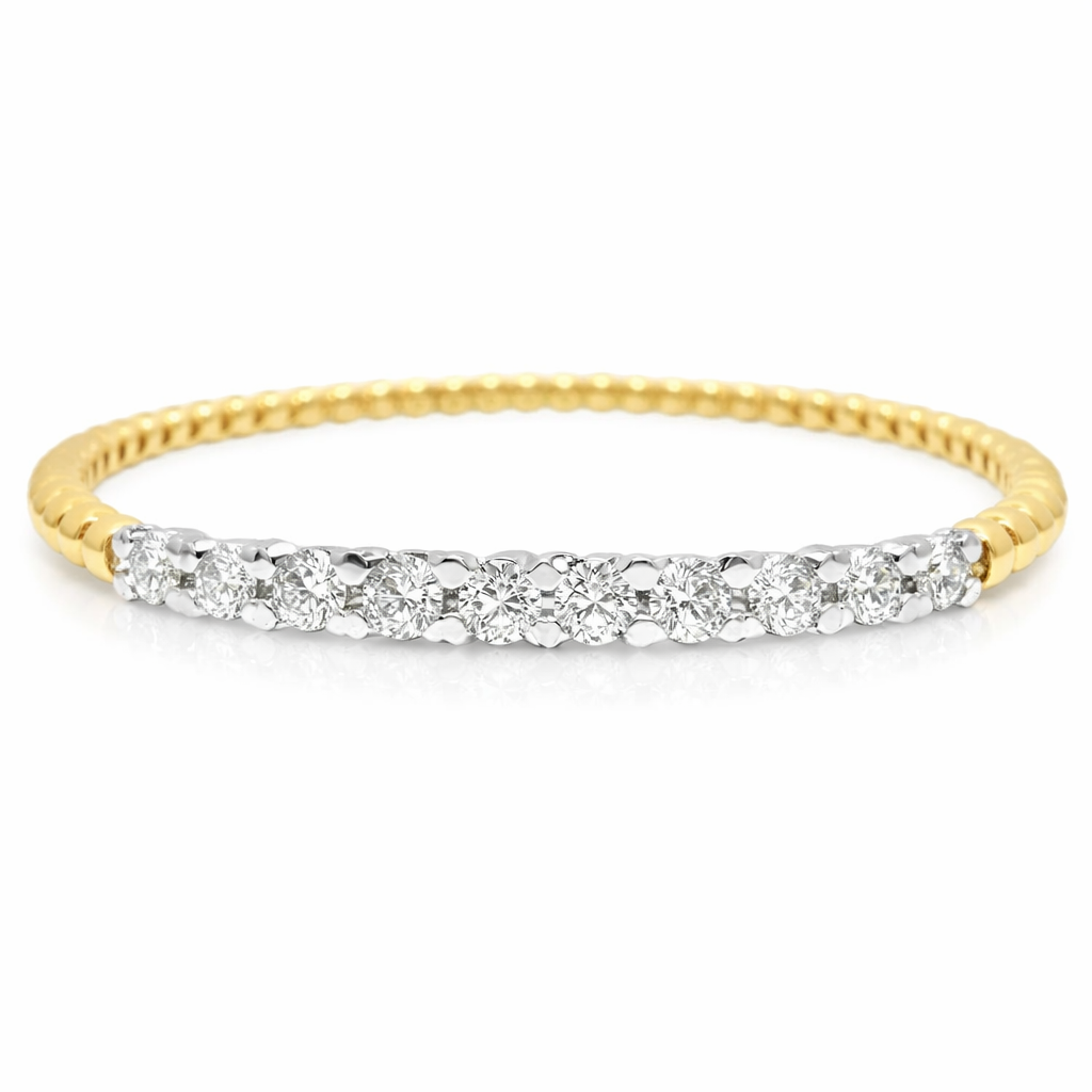2.08CT Diamond Prong ID Plain Beads Stretch Bangle 14k Yellow Gold