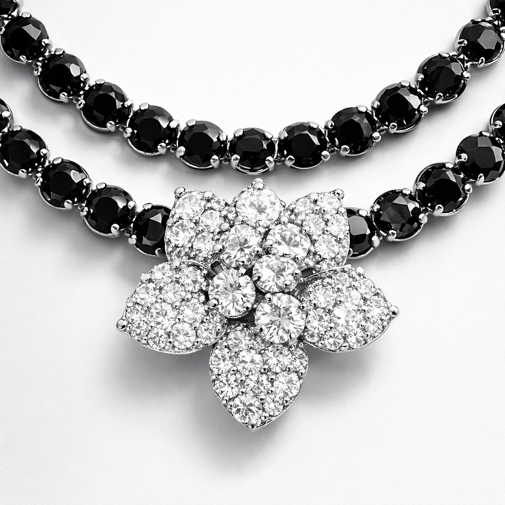 2.78CT Diamond 26.97CT Black Diamond Flower 18k White Gold Necklace