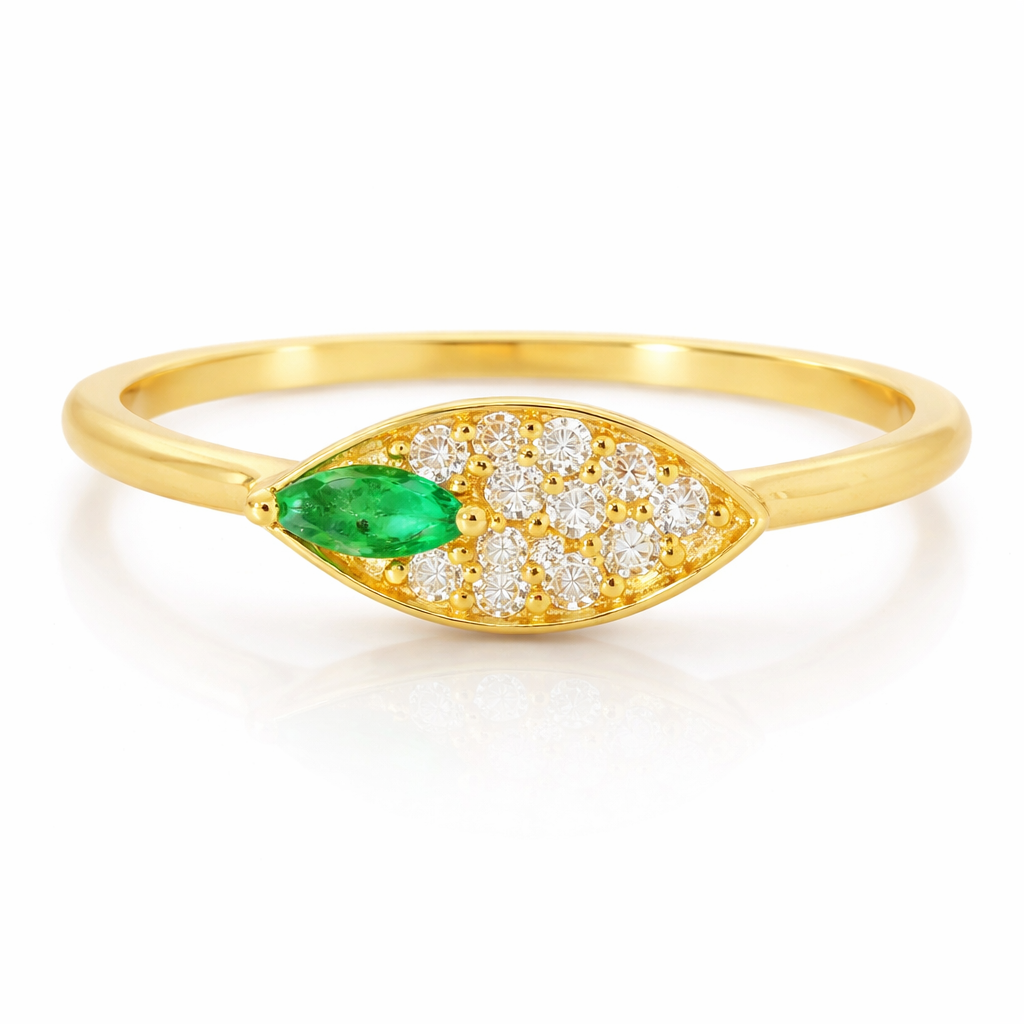 0.07CT Diamond 0.05CT Emerald Ring 18K Yellow Gold