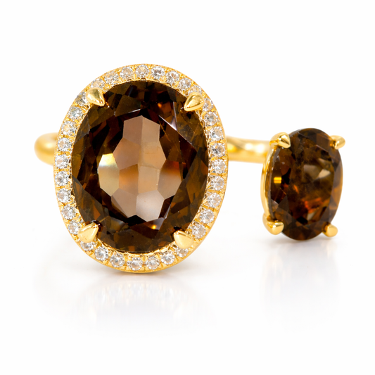 0.09CT Diamond and 3.52CT Smokey Quartz Ring 14K Yellow Gold