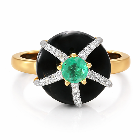 0.08 CT Diamond  and 0.23CT Emerald with Black Agate Ring 14K Yellow Gold