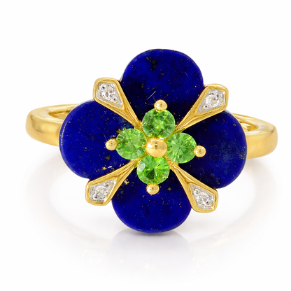 0.01CT Diamond and 0.17CT Emerald with Blue Agate 14K Yellow Gold