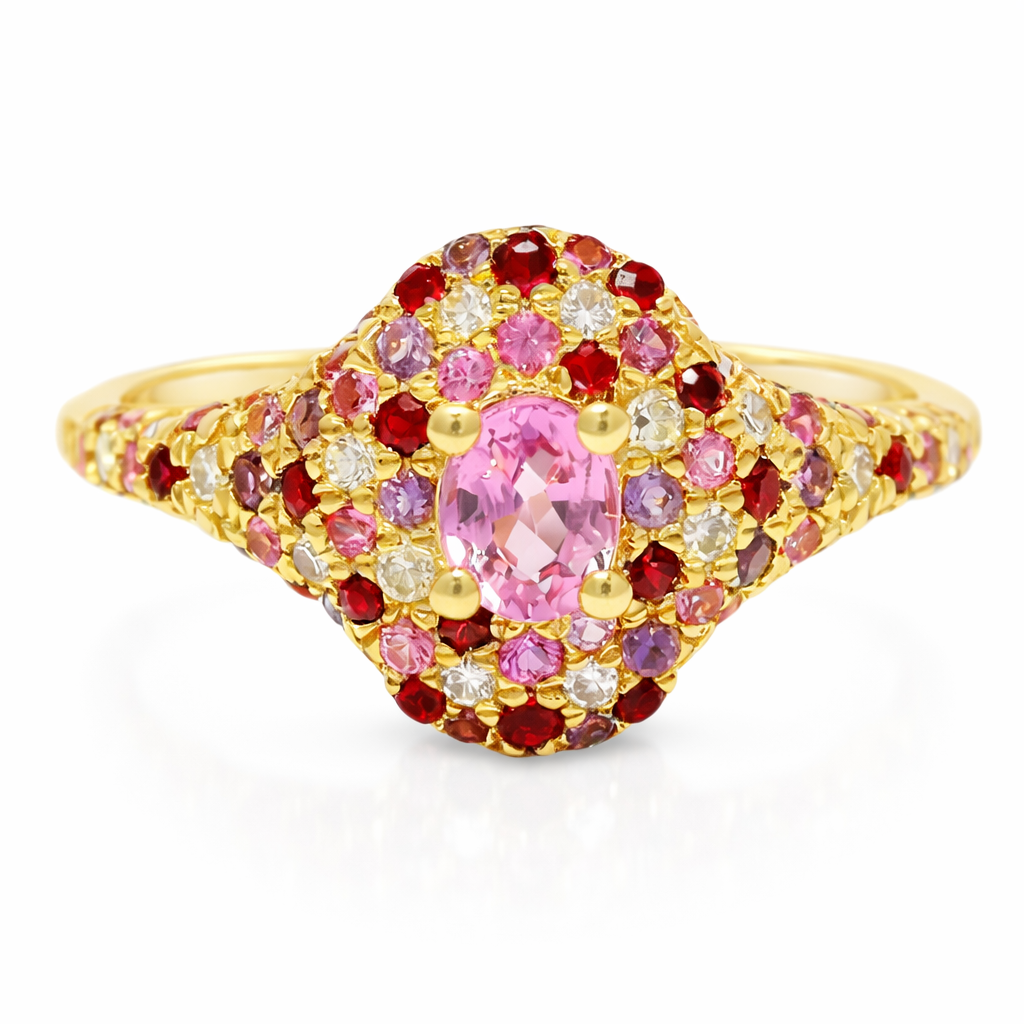 0.11CT Diamond & 0.69CT Mixed Pink Sapphire Ring 14k Yellow Gold