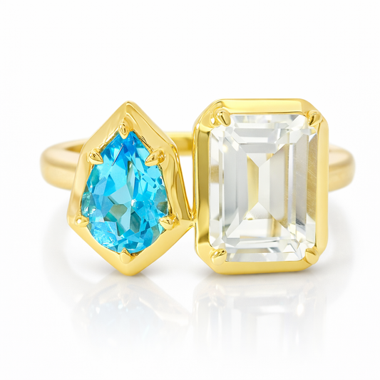 0.73CT Blue Topaz and 1.89CT White Topaz Ring 14 Yellow Gold