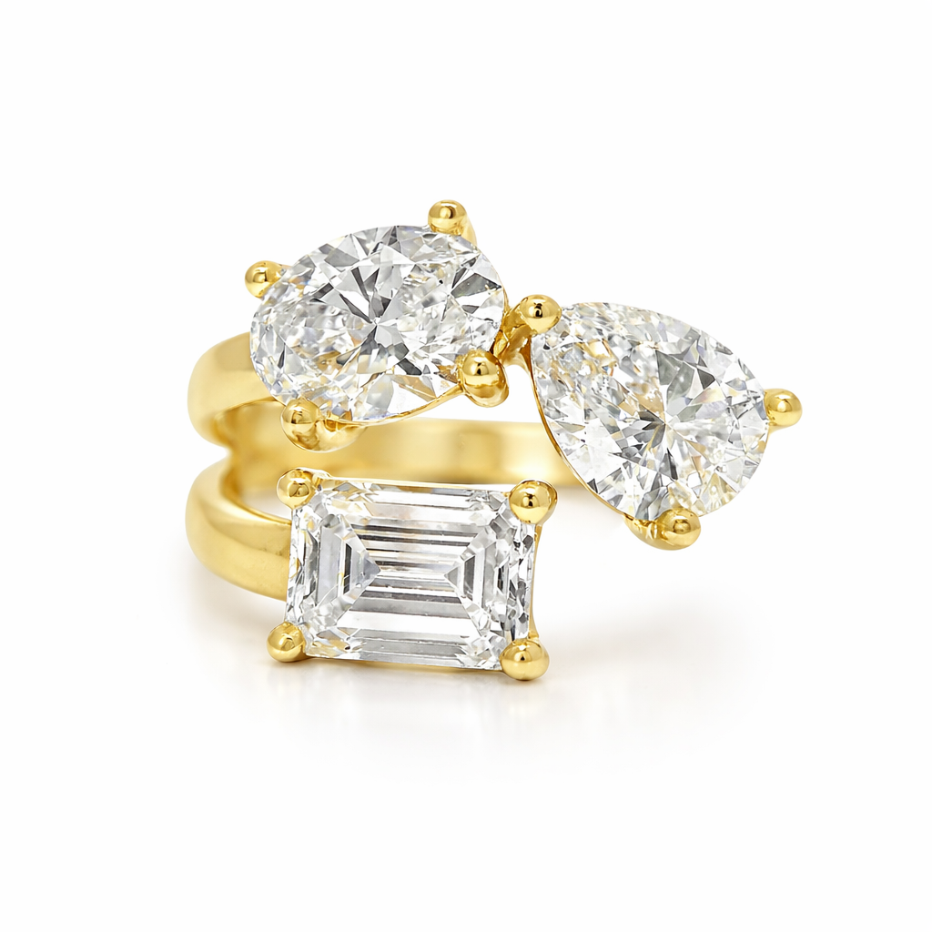3.39CT Pear Oval & Emerald Cut Lab Diamond Ring 14k Yellow Gold