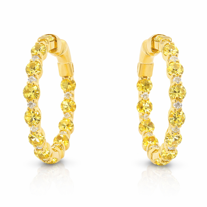 0.22CT Diamond 2.20CT Yellow Sapphire HOOP 14k Yellow Gold Earring