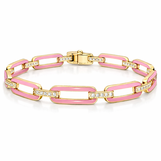 0.33CT Diamond Bracelet with Pink Enamel 14k Yellow Gold