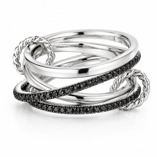 14K White Gold Ring with Black Diamonds
