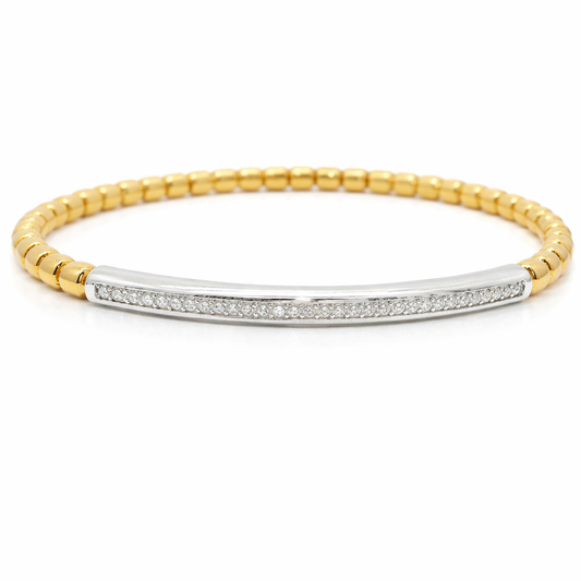 0.31CT Diamond ID Plain Beads Stretch Bangle 14k Yellow Gold