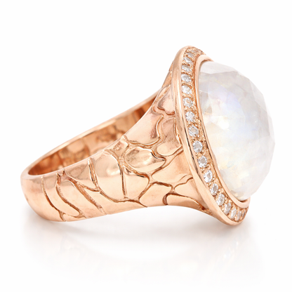 0.44CT Diamond 15.00CT Faceted Rainbow Moon Quartz 14k Rose Gold