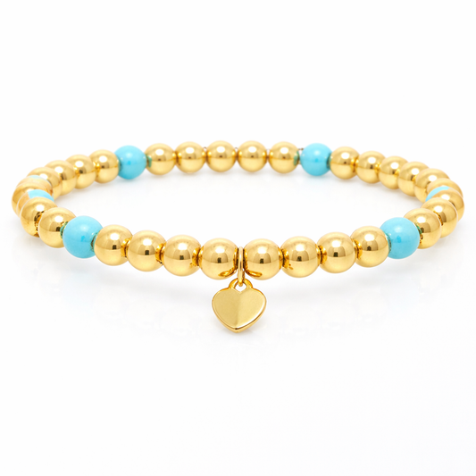 Plain Beaded with Turchese 14k Yellow Gold Bangle