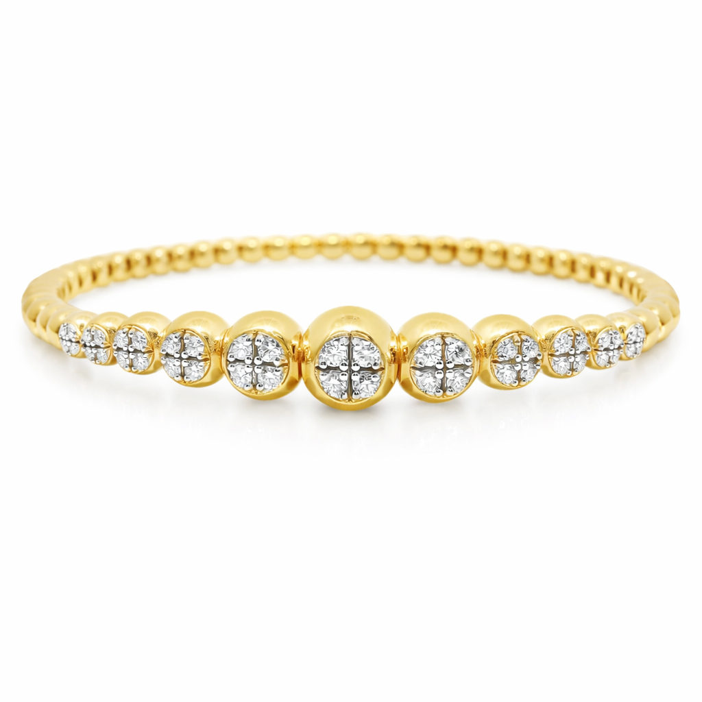 0.69CT Diamond 4 Stone Cluster ID Plain Beads Stretch Bangle 14k Yellow Gold