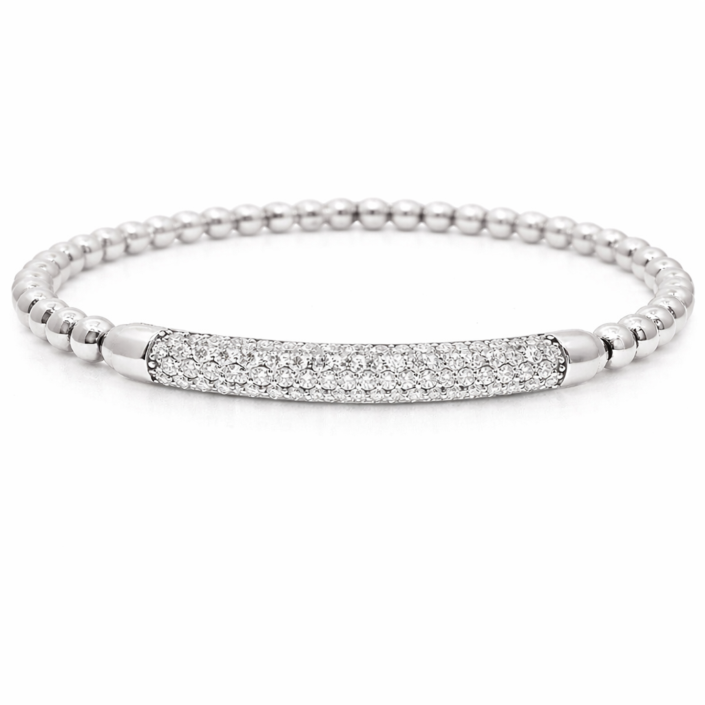 1.08CT Diamond ID Plain Beads Stretch Bangle 14k  Gold