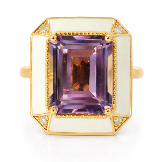 0.03CT Diamond and 4CT Emerald Cut Purple Amethyst Ring 14K Yellow Gold