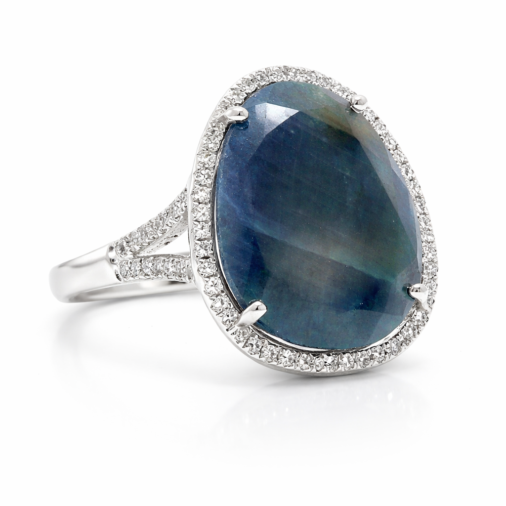 0.29CT Diamond 12.33CT Blue Sapphire Ring 14k White Gold