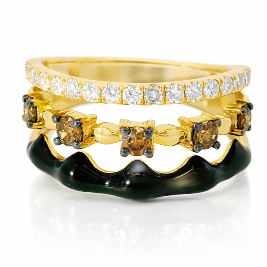 0.29CT White and Brown Diamonds with Black Enamel Ring 14K Yellow Gold