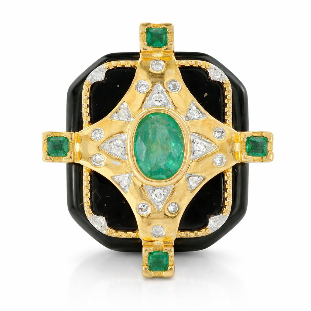 0.10CT Diamond and 0.16CT Ruby with Black Agate Ring 14K Yellow Gold